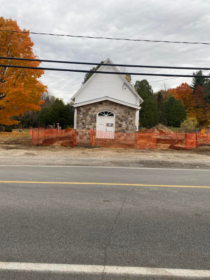 Church with construction fence around it